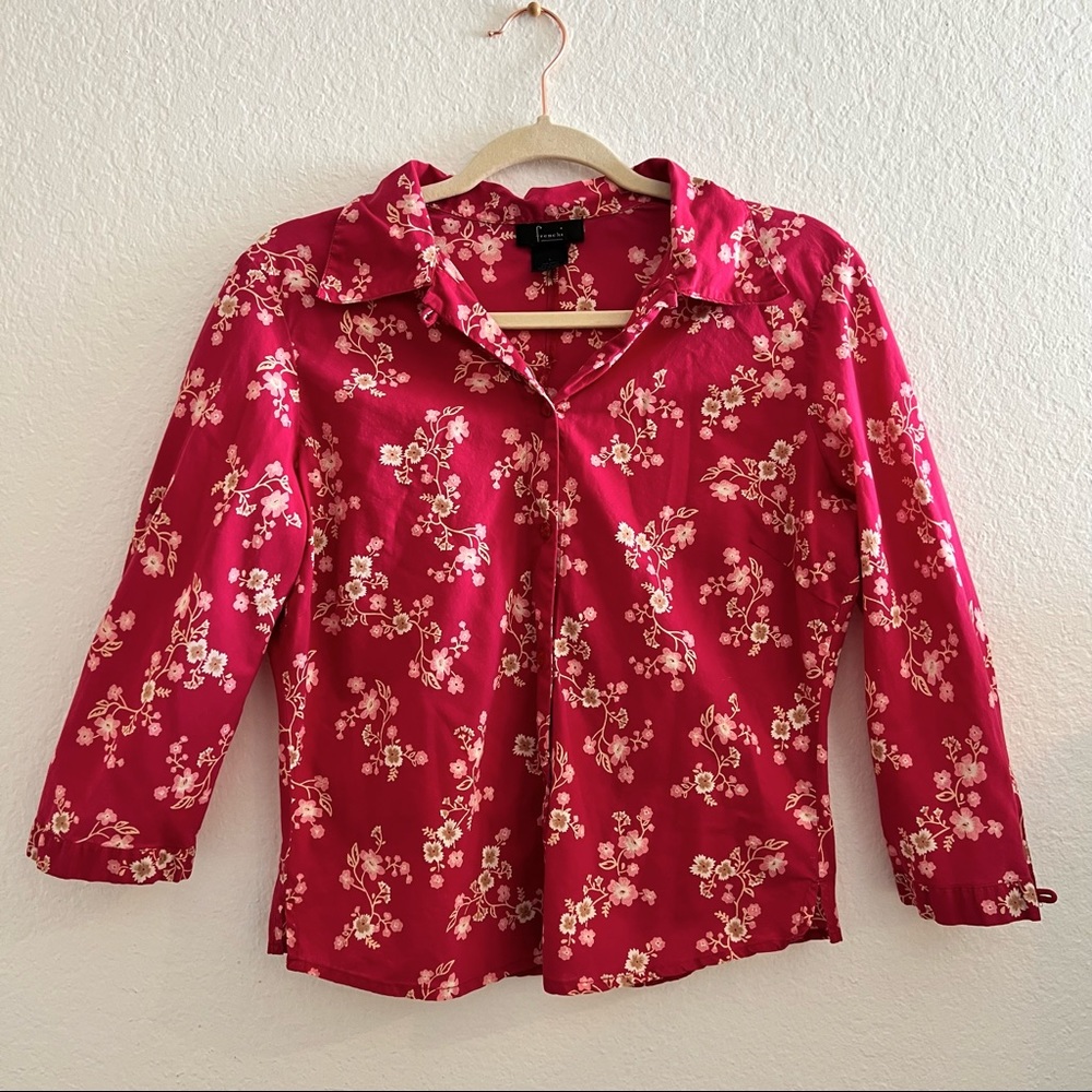Fuchsia cherry blossom print blouse with 3/4 sleeves.